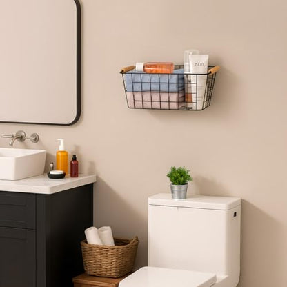 Black Metal Hanging Baskets with Handle, Wire Wall Storage Organizer with Hooks, Adhesive baskets for Kitchen, Bathroom, Pantry,Spice Rack, Cabinet Organizer, Shower Caddy 2-Pack - size: 2 Pack