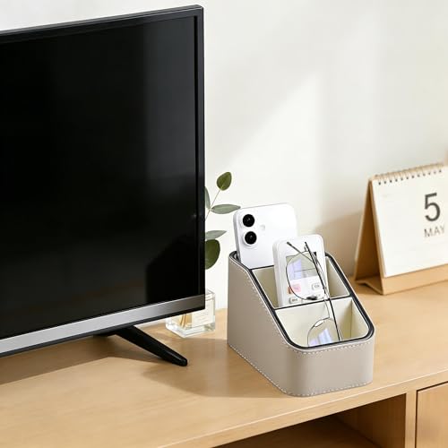 PU Leather Remote Control Holder, Small Desk Organizer Office Supply Bedside Caddy for Nightstand End Table Couch, Pen Remote Organizer with 3 Compartments (Beige) - color: Beige