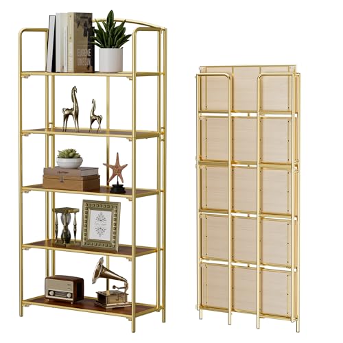 Crofy 5-Tier Wider Foldable Bookshelf, Gold Frame & Walnut Shelves | Collapsible Portable Storage Organizer; Sturdy Walnut Finish Shelves; Ideal for Living Room & Home Office - color: Gold Frame & Walnut Shelf, size: 5 Tier Wider