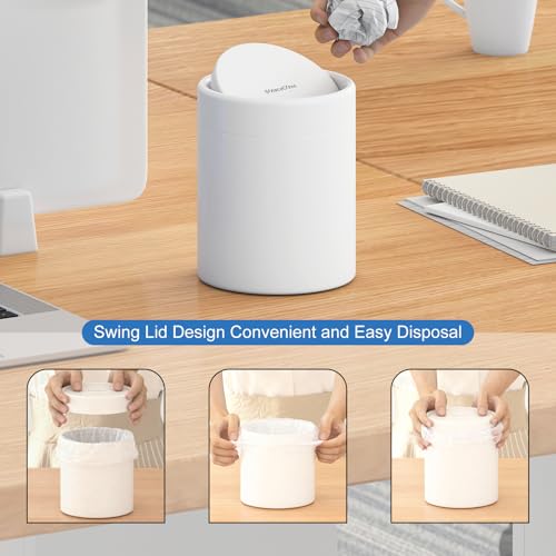 Mini Desk Trash Can with Lid for Desk,0.4 Gallon Brushed Stainless Steel Countertop Trash Can with Lid for Desktop Car Office Kitchen, Swing Top Trash Bin with a Roll of Trash Bag（White） - color: White