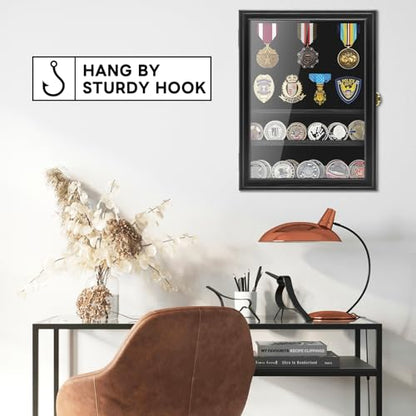Military Challenge Coin Display Shadow Box Holds Up to 70 Coins, Lockable Wall-Mounted Cabinet for Medals, Pins, Patches & Ribbons, Removable Shelves, Pinnable Velvet Backing, UV Acrylic Door(Black) - size: L-5 Rows