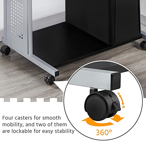 Yaheetech 2 Tier Mobile Computer Desk with Printer Shelf & Keyboard Tray Rolling Computer Table for Small Spaces, Compact Study Workstation with Wheels, Space Saving, Black - color: Black
