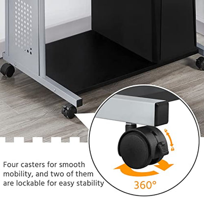 Yaheetech 2 Tier Mobile Computer Desk with Printer Shelf & Keyboard Tray Rolling Computer Table for Small Spaces, Compact Study Workstation with Wheels, Space Saving, Black - color: Black