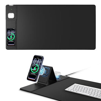 Mouse Pad with Magnetic Wireless Charging & Adjustable Phone Stand, 31.5"x15.8" Extended Desk Mat, Waterproof Ultra-Smooth Keyboard Pad, Non-Slip Base, Black - color: Black-31.5"x15.8"-magnetic Stand-left