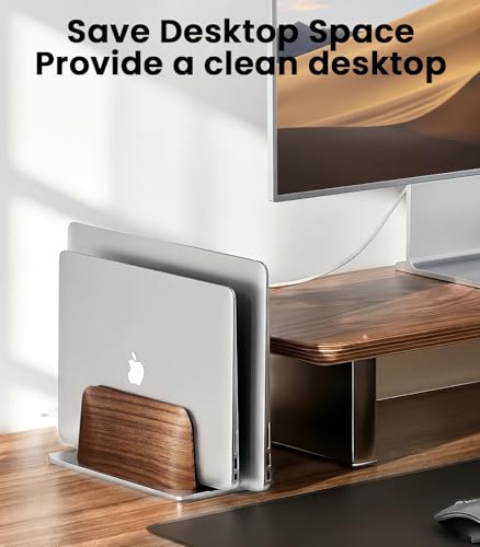LOXP Vertical Laptop Stand, [Dual Slot Wooden + Aluminum Laptop Holder], Desktop Adjustable MacBook Stand, Adjustable Base, for MacBook Pro/Air, (up to 17.3-inch All laptops) - color: silver