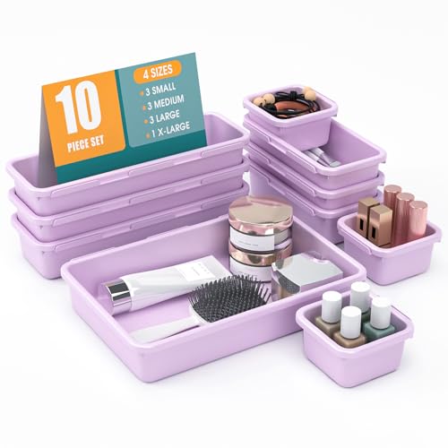 10 PCS Drawer Organizer Set, 4 Size Makeup Drawer Divider Organizer With Non-Slip Pads, Interlocking Plastic Storage Bins for Office,Jewelry Vanity,Gadgets, Bathroom,Kitchen, Purple - color: Purple, size: 10Pack