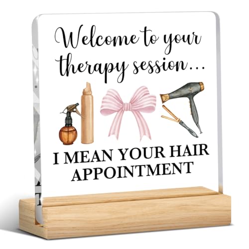 Hair Salon Decor, Hairdresser Gifts, Salon Decor for Hair Stylist, Birthday Christmas Thank You Gift for Hairstylist Women, Pink Bow Acrylic Sign With Wooden Stands Desk Shelf Table Decoration - color: Welcome to Your Therapy Session