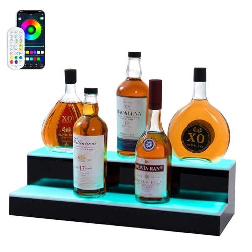 Led Lighted Liquor Bottle Display Shelf, 20 Inch 2 Tier Whiskey Rack, Support USB, Bar Stand with RF Remote & App Control, Illuminated Acrylic Lighting Shelves for Home Bar, Party - size: 20" 2 step