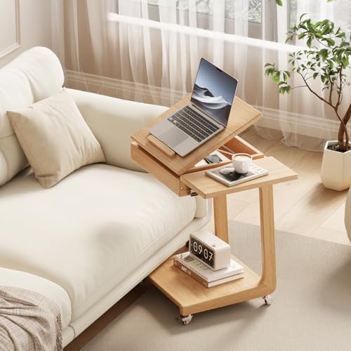 Solid Wood C Shaped End Table for Couch,Natural C Table with Wheels,Rolling Side Table with Storage,Couch Desk with Adjustable Desktop,Rolling Tv Tray with Folding Shelf,Modern Couch Table - color: Natural