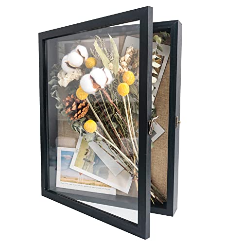 GraduationMall 11x14 Wood Shadow Box Frame Glass Door Display Case with Linen Back and 6 Stick Pins,1.5 inches Interior Depth,Ideal for Memorabilia Pictures Flowers Medals Tickets Rustic Black - color: Rustic Black, size: 11x14