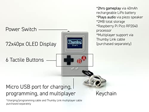 TinyCircuits Thumby Programmable Game Console Keychain – Retro Gaming Fun Mini-Console, STEM Learning, USB Rechargeable, 5 Preloaded Games (Gray) - style: Grey