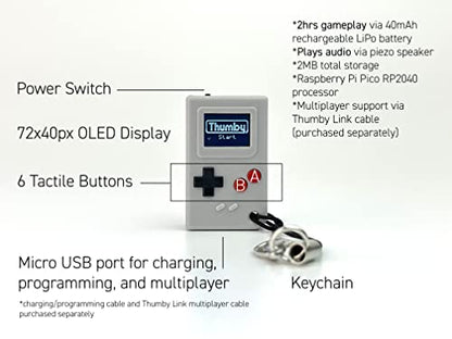 TinyCircuits Thumby Programmable Game Console Keychain – Retro Gaming Fun Mini-Console, STEM Learning, USB Rechargeable, 5 Preloaded Games (Gray) - style: Grey