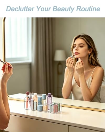 Makeup Tray Holder Organizer Cosmetic Display Case Tabletop Desktop Vanity Countertop Bathroom Wall Cabinet Medicine Storage Box 9 Dividers 2 Removable Women Ladies Girls Gifts Crystal Clear 1 PACK - color: Crystal Clear