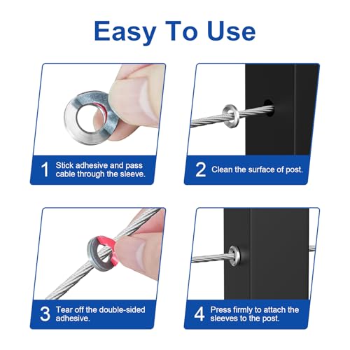 BLIKA 100Pack Cable Railing Adhesive Sleeves for 1/8" 5/32" 3/16" Wire Rope Cable, T316 Stainless Steel, 2.8mm Thickness Cable Railing Protector Adhesive Sleeves for Deck Stair Cable Railing Post Kits - size: Silver