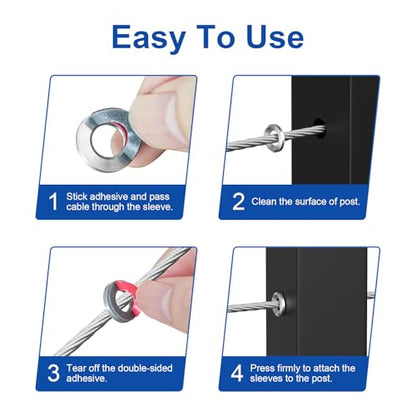 BLIKA 100Pack Cable Railing Adhesive Sleeves for 1/8" 5/32" 3/16" Wire Rope Cable, T316 Stainless Steel, 2.8mm Thickness Cable Railing Protector Adhesive Sleeves for Deck Stair Cable Railing Post Kits - size: Silver