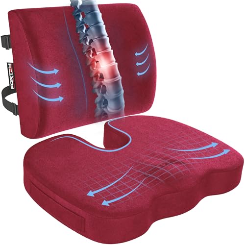 FORTEM Seat Cushion, Office Chair Cushion, Lumbar Support Pillow for Office Chair, Memory Foam Car Seat Cushions, Sciatica Coccyx Tailbone Pain Relief, Cushions for Back Support, Washable, Non Slip - color: Red Velour, size: Large