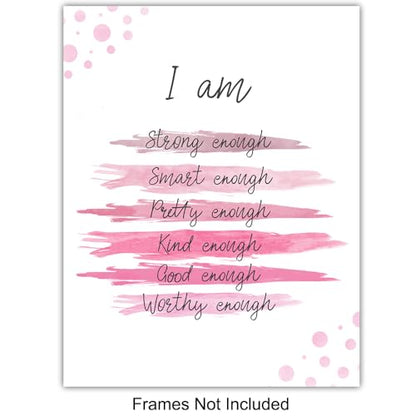 YELLOWBIRD ART & DESIGN Inspirational Quotes Wall Decor - Pink Motivational poster Set - Positive Affirmations Wall Art - Encouraging Gift for Women Girls - I Am - Inspiring Wall Art - UNFRAMED 8x10