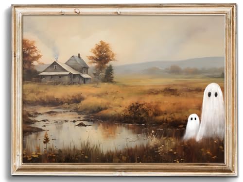 uniro Cute Ghost Decor Halloween Wall Art Prints, Vintage Ghost Pictures for Halloween Wall Decor, Spooky Autumn Landscape Canvas Oil Painting, Farmhouse Gothic Home Decor Dark Academia Aesthetic Posters for Bedeoom, Gallery, Living Room, Bathroom (8x10in