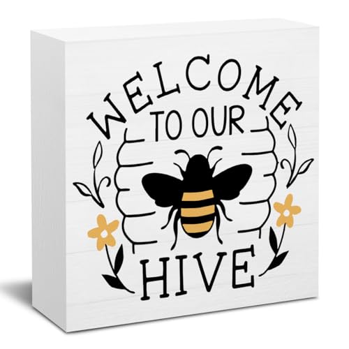 Summer Bee Sign Decor Bee Decorations for Home Welcome to Our Hive Wooden Box Sign Desk Accessories Home Office Bedroom Bathroom Decor 5 X 5 Inch - color: Welcome
