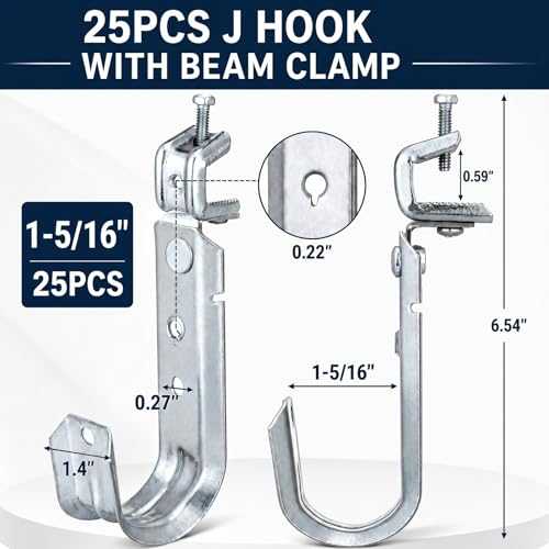 Tandefio 25 Pack Cable Support J Hook with Beam Clamp, Heavy Duty Metal Wire Cable Support J Hook Hangers for Wire Management (1-5/16 Inch) - size: 1-5/16 Inch