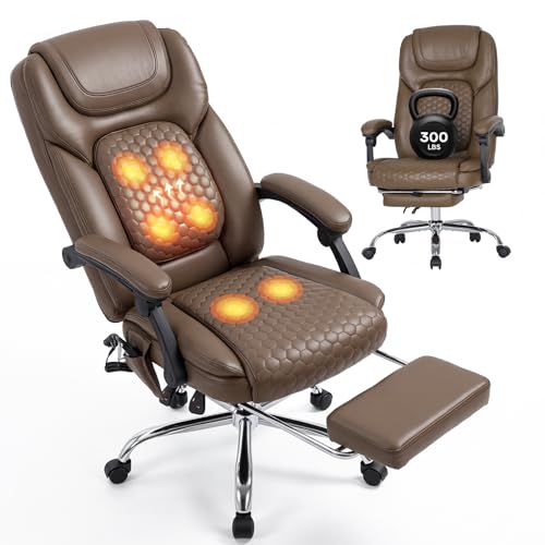 MALOL Massage Office Chair with 3-Level Heat and Footrest – 20-Min Easy Assembly, 300 lbs Big and Tall Reclining Desk Chair, PU Leather Ergonomic Executive Computer Chair with Side Pocket, Brown - color: Brown, size: Set of 1, style: Modern