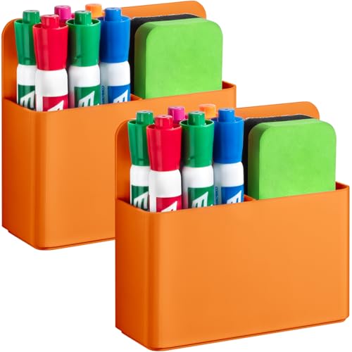 2 Pcs Magnetic Dry Erase Marker Holder for Whiteboard, Plastic Magnetic Pen Holder for Refrigerator Fridge, Magnet Pencil Cup for School Classroom, Locker Accessories,Pen Cup Organizer-Orange - color: Orange