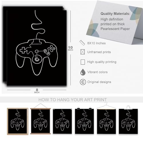 8 Pcs Abstract Line Gaming Wall Art Prints Boys Room Decor Game Room Decor Gamer Funny Wall Decor Paintings Posters for Office Home Bedroom Playroom Gamer Gifts for Men, Him, Son, Brother, Unframed
