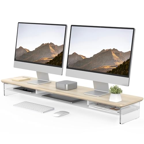 Fenge Acrylic Monitor Stand Riser, 42.5 Inches Dual Monitor Stand with Metal Storage, 2 Tier Acrylic Computer Riser for Desk, Clear Laptop Stand for PC, Laptop, Printer, TV, Oak - color: Oak, size: 42.5in