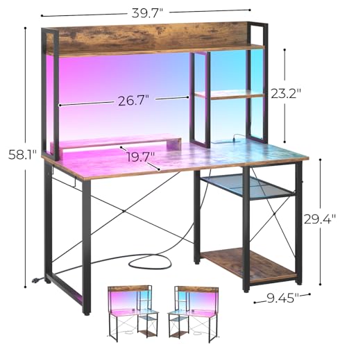 Cyclysio Gaming Desk with Hutch, 39'' Computer Desk with LED Lights & Power Outlets, Home Office Desk with Reversible 5 Tiers Storage Shelves & Monitor Stand, Small Gaming Table for Small Space,Rustic - color: Rustic, size: 39 inch