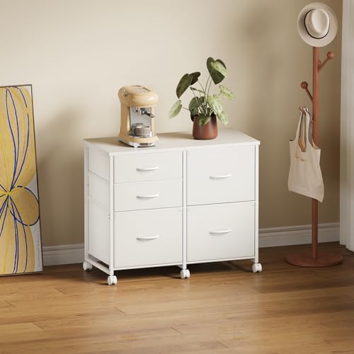 YeTom Lateral File Cabinet with 5 Drawers Rolling Filing Cabinets Under Desk Storage Printer Stand with Wheels,Mobile File Cabinet for Home Office,White - color: White