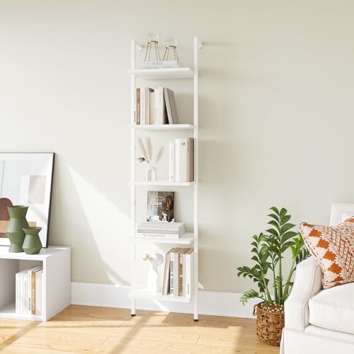 ELYKEN Ladder Shelf, White 5-Tier Wood Wall Mounted Bookshelf with Metal Frame, Modern Open Display Organizer Rack, Leaning Storage Shelves for Living Room, Bedroom, Home Office - color: White