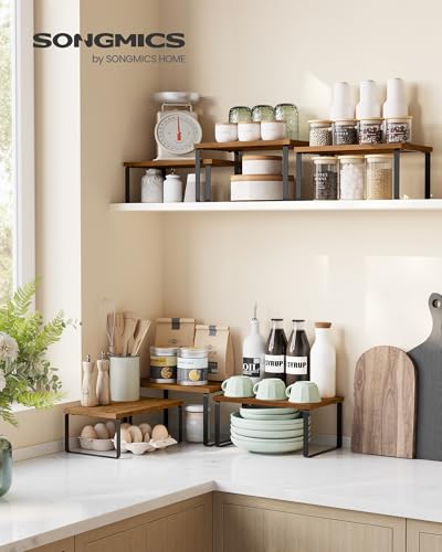 SONGMICS Cabinet Organizer Shelf, Set of 3 Kitchen Counter Shelves, Kitchen Storage, Spice Rack, Stackable, Expandable, Rustic Brown and Matte Black UKCS220K02 - color: Rustic Brown + Matte Black