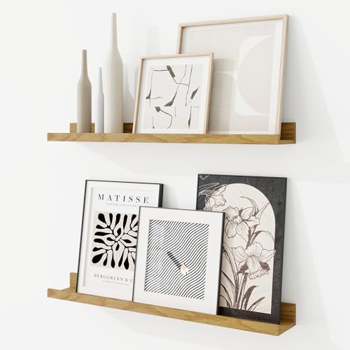 RICHFOCUS Picture Ledge Shelf, 24 inch Floating Shelves Set of 2, Wood Wall Shelves with Lip, Wall Decor Storage for Bedroom Living Room Bathroom Kitchen Nursery Photo Picture, Oak - color: Oak, size: 24 Inch, set of 2