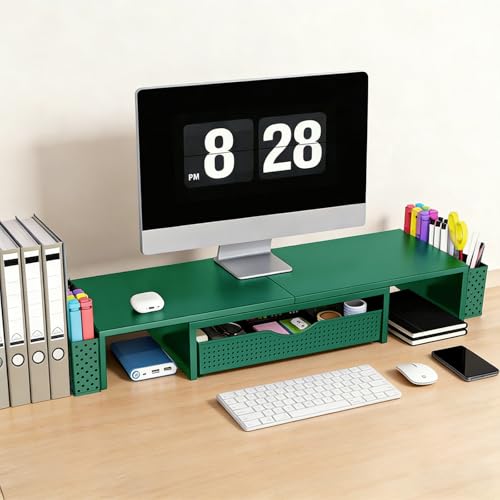 Spacrea Metal Desk Organizers and Accessories, Dual Monitor Stand Riser with Drawer and 2 Pen Holders, Desk Accessories & Workspace Desktop Organizers for Office Supplies (Dark Gree) - color: Dark Gree