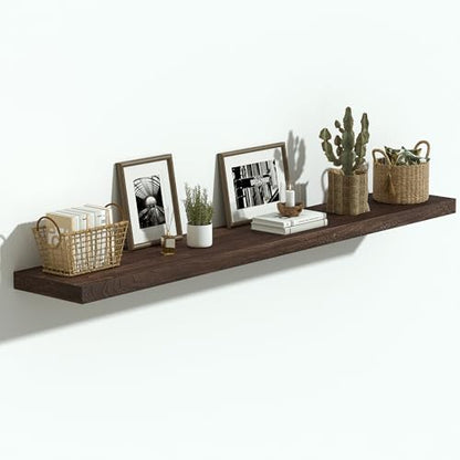 Flat Edge Elm Wood Floating Shelf with Invisible Bracket 48”American Walnut - color: American Walnut, size: 48”,set of 1