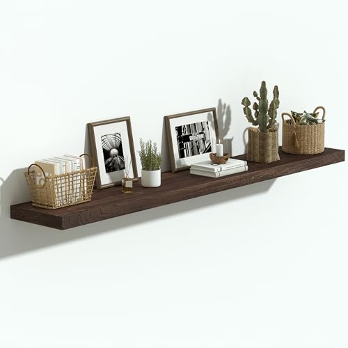 Flat Edge Elm Wood Floating Shelf with Invisible Bracket 48”American Walnut - color: American Walnut, size: 48”,set of 1