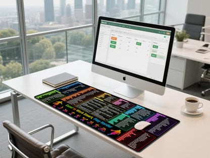 Excel Shortcuts Cheat Sheet Desk Pad Mat– 35.4x15.7 Inches Large Mouse Pad with Non-Slip Rubber Base, Quick Reference Guide for Office & Home - color: Colorful