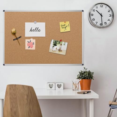VIZ-PRO Cork Notice Board, 48 X 32 Inches, Cork Bulletin Board with Silver Aluminium Frame - size: 48" x 32"