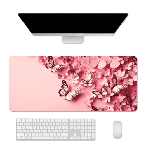 Pink Mouse Pad Desk Mat Butterfly Large Mouse Pads Desk Pad(27.5X11.8 in) | Long Mouse Pad Gaming mousepad Mouse Mat With Stitched Edge Non-Slip Rubber Base for Office Game Computer Keyboard Laptop - color: jjs o5