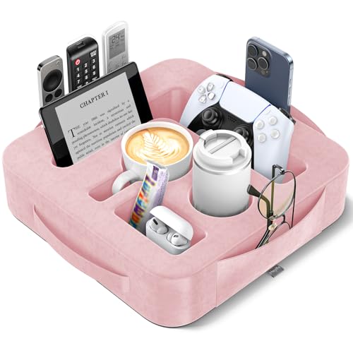 Couch Cup Holder Pillow, Sofa and Bed Caddy for iPad, Kindle, Switch, Game Controller, Remotes, Phones, Small-Sized Cup and Drink Holder for Couch, Bed, Desk, Car, Beach, Bathroom Cup Holder, Pink - color: Pink, size: M-13"×13"×3.2"