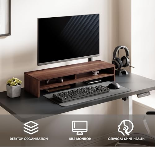 Fenge Monitor Stand, 31.5 Inch Computer Monitor Riser for Desk, 2 Tiers Wood Desk Shelf with Storage, Desktop Organizer for PC, Laptop, Screen, Printer - color: Brown