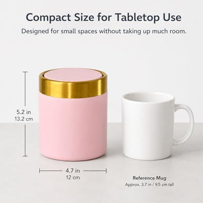Pink Mini Countertop Trash Can with Lid – Metal Tiny Makeup Vanity Swing-Top Waste Bin, 1.5 L / 0.40 Gal - color: Pink