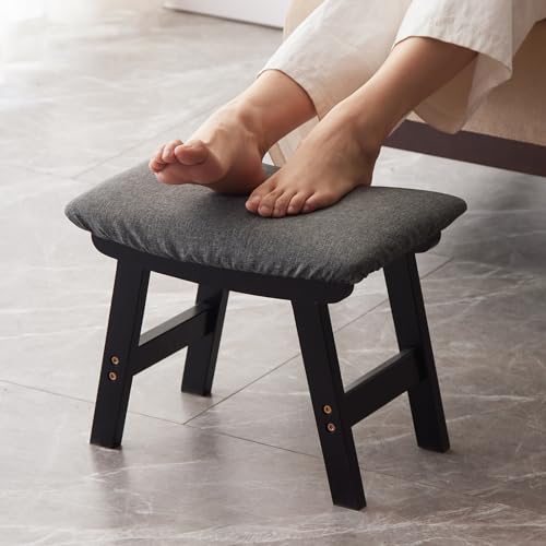 Kitsanery Foot Stool,Ottoman,Bamboo Small Sofa Foot Rest Under Desk,Extra Seating for Living Room, Bedroom and Kitchen (Black Stool Legs - Gray Surface) - color: Black Stool Legs - Gray Surface