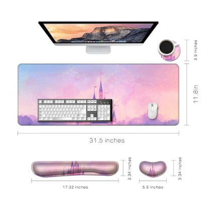 Desk Mat, Large Gaming Mouse Pad with Wrist Rest, 4 in1 XXL Mouse pad+Keyboard Wrist Rest+Mouse Pad Wrist Support+Cup Coaster Set, Ergonomic Desk Pad for Home Office,Pink Castle - color: 88