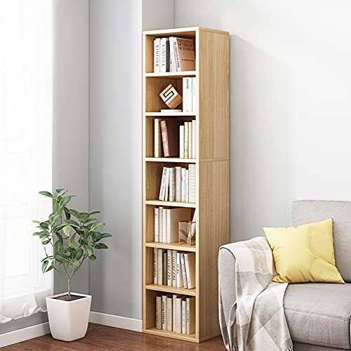 IOTXY Small Narrow Corner Bookcase - 59 Inches Tall Gap Freestanding Storage Cabinet, 7 Lattices Open Shelves Tower Rack, Cubes Bookshelf in Oak - color: Oak, size: 7-Cubes without Door