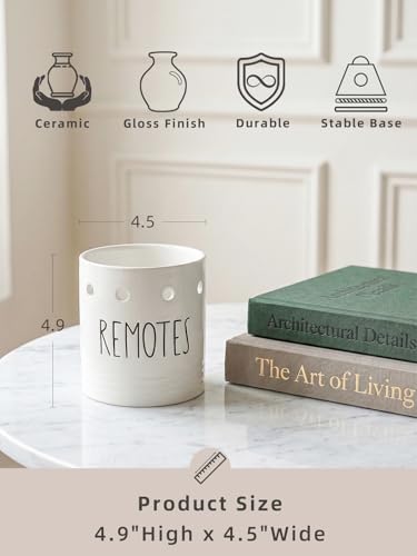 LEETOYI Farmhouse Ceramic Remote Control Holder, 4.9" Remote Caddy Storage White