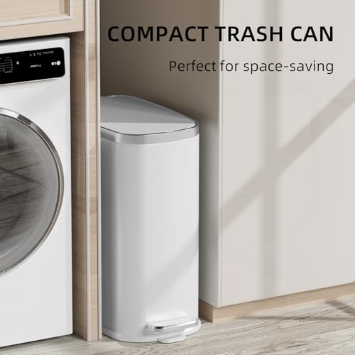 KUK Slim Bathroom Trash Can with Lid Soft Close, Step Pedal, 2.6 Gal/ 10L Stainless Steel Garbage Can with Removable Inner Bucket, Anti-Fingerprint Wastebasket for Office, Bedroom, Toilet (White) - color: Matt White-P2