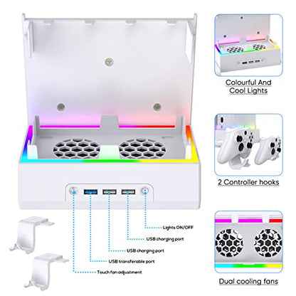 Wall Mount for Xbox Series S, MENEEA Wall Mount Kit Accessories with Adjustable Cooling Fan, RGB LED Light Strip, USB Port, Controller Hook, Secure Fit for Xbox Series S Consoles | White