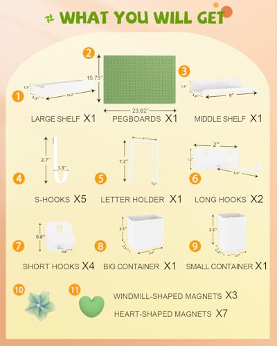 Metal Pegboard Kit — Carbon Steel Pegboards with 26 Accessories, Pegboard Wall Organizer for Home, Office, Study Room, Kitchen, Craft Room & Gaming Setup— 24″ × 16″ Green Peg Board - color: Green