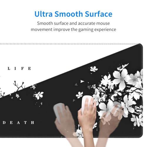 Japanese Life Death Keyboard Mat, Black White Japanese Anime Gaming Mouse Pad for Desk with Anti-Slip Rubber Base and Stitched Edges, Japanese Sakura Pagoda Sun Mouse Pad - color: Life Death